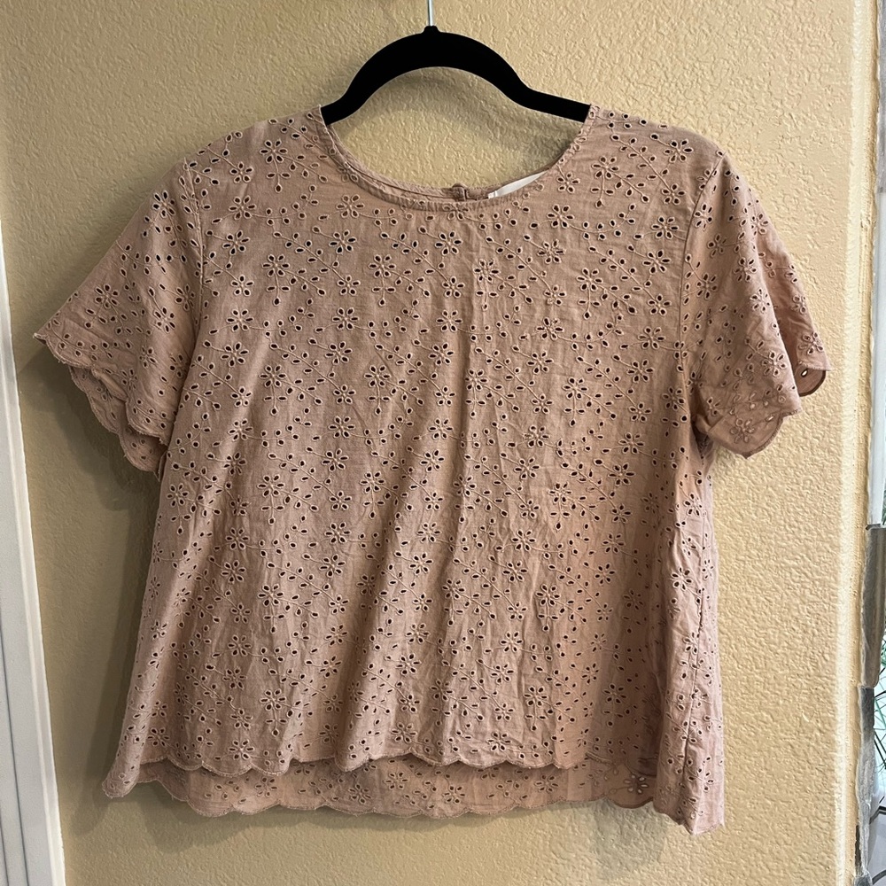 OAK + FORT | tan eyelet blouse | small
